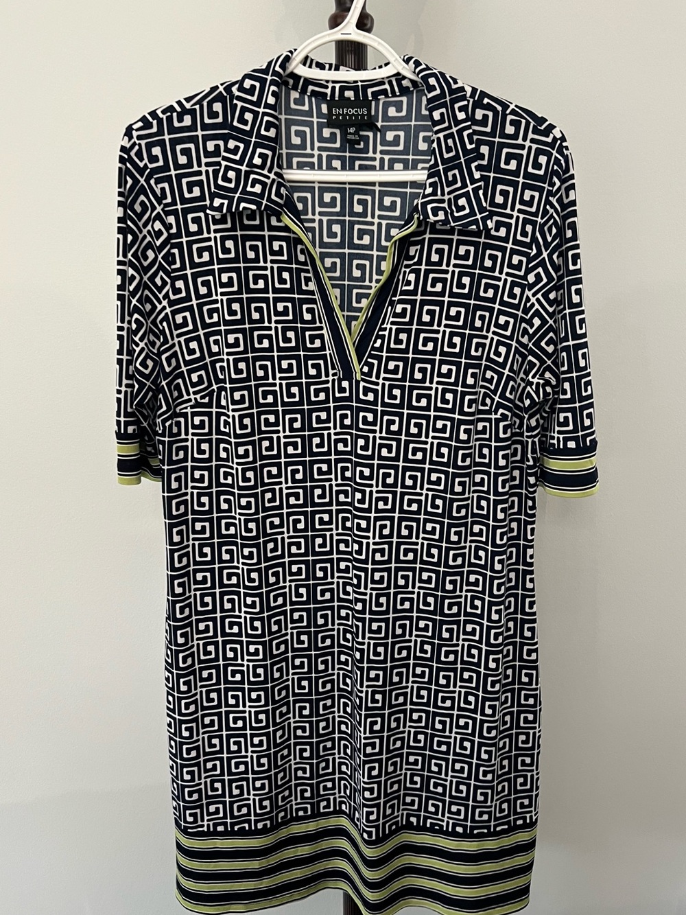 Enfocus Studio Black & White Geo Print Polo Midi Dress with Lime Trim